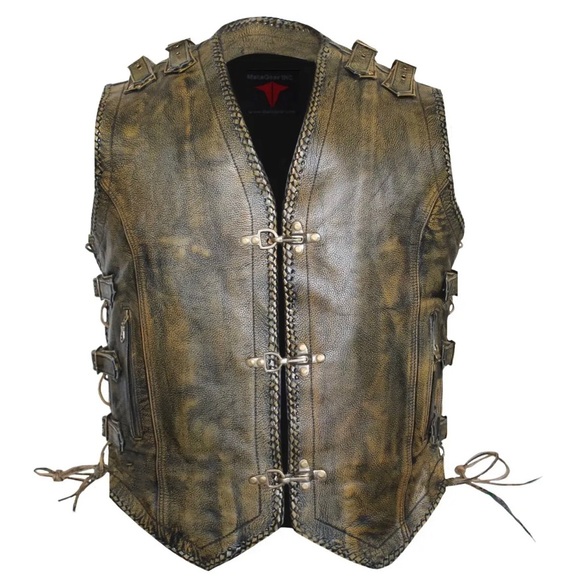 MEN’S MOTORCYCLE CLASSIC SIDE LACES BUCKLED BROWN CONCEALED CARRY LEATHER VEST - Picture 2 of 8